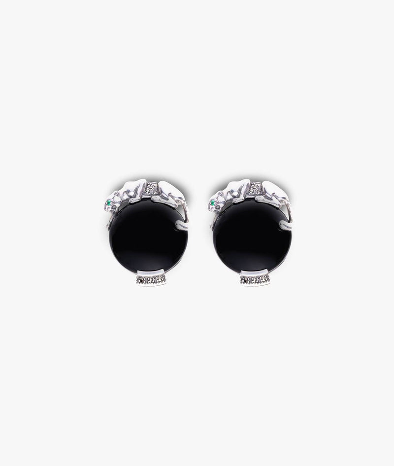 Silver and onyx cufflinks with panther design